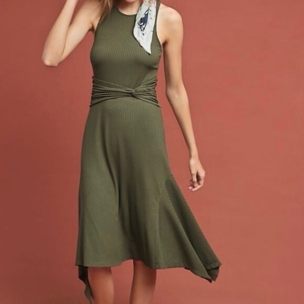 Anthropologie Kingsolver Ribbed Handkerchief Midi Dress in Moss Green; Size L